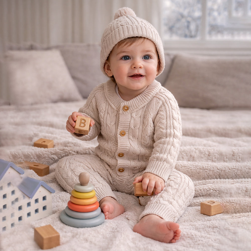 Beige Cable Pattern Full-Sleeve Jumpsuit Romper with Cap