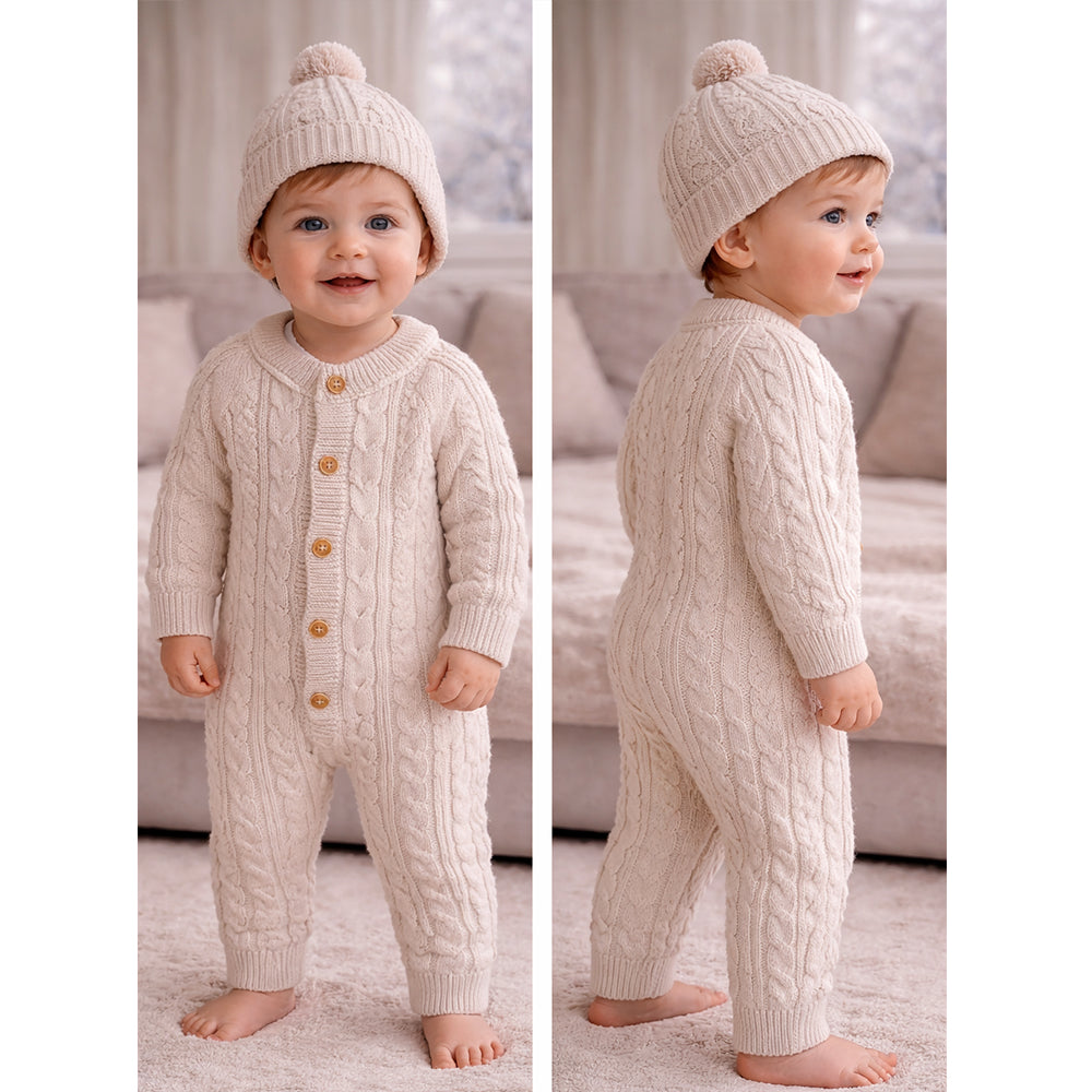 Beige Cable Pattern Full-Sleeve Jumpsuit Romper with Cap