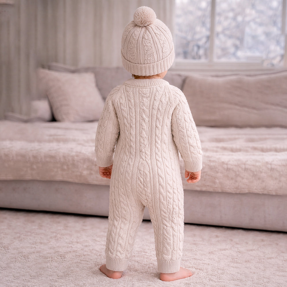 Beige Cable Pattern Full-Sleeve Jumpsuit Romper with Cap