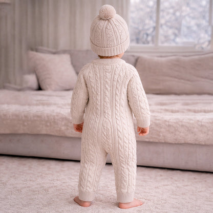 Beige Cable Pattern Full-Sleeve Jumpsuit Romper with Cap