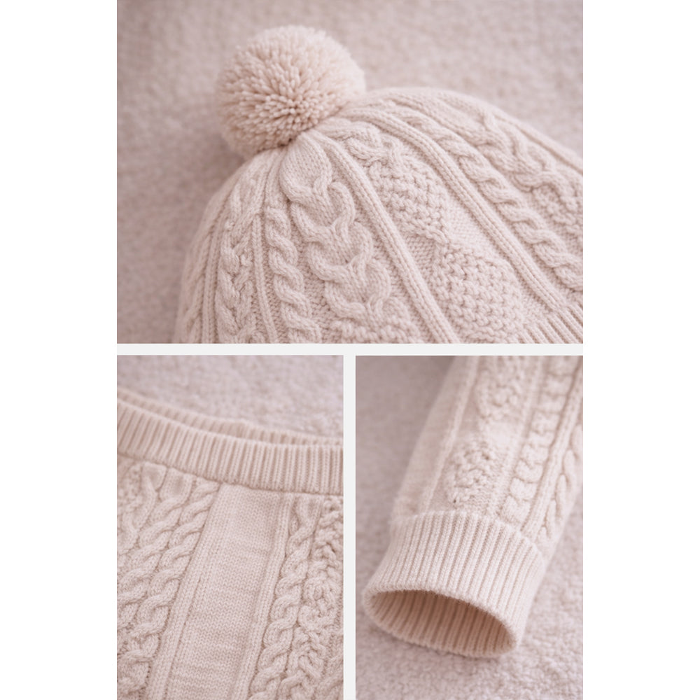 Beige Cable Pattern Full-Sleeve Jumpsuit Romper with Cap