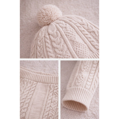 Beige Cable Pattern Full-Sleeve Jumpsuit Romper with Cap