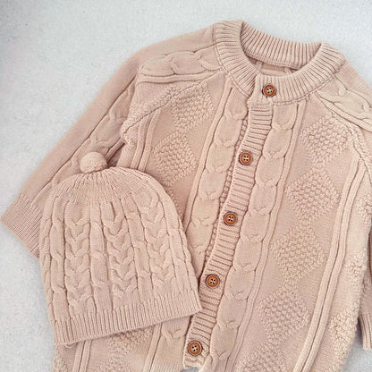 Beige Cable Pattern Full-Sleeve Jumpsuit Romper with Cap