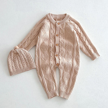 Beige Cable Pattern Full-Sleeve Jumpsuit Romper with Cap