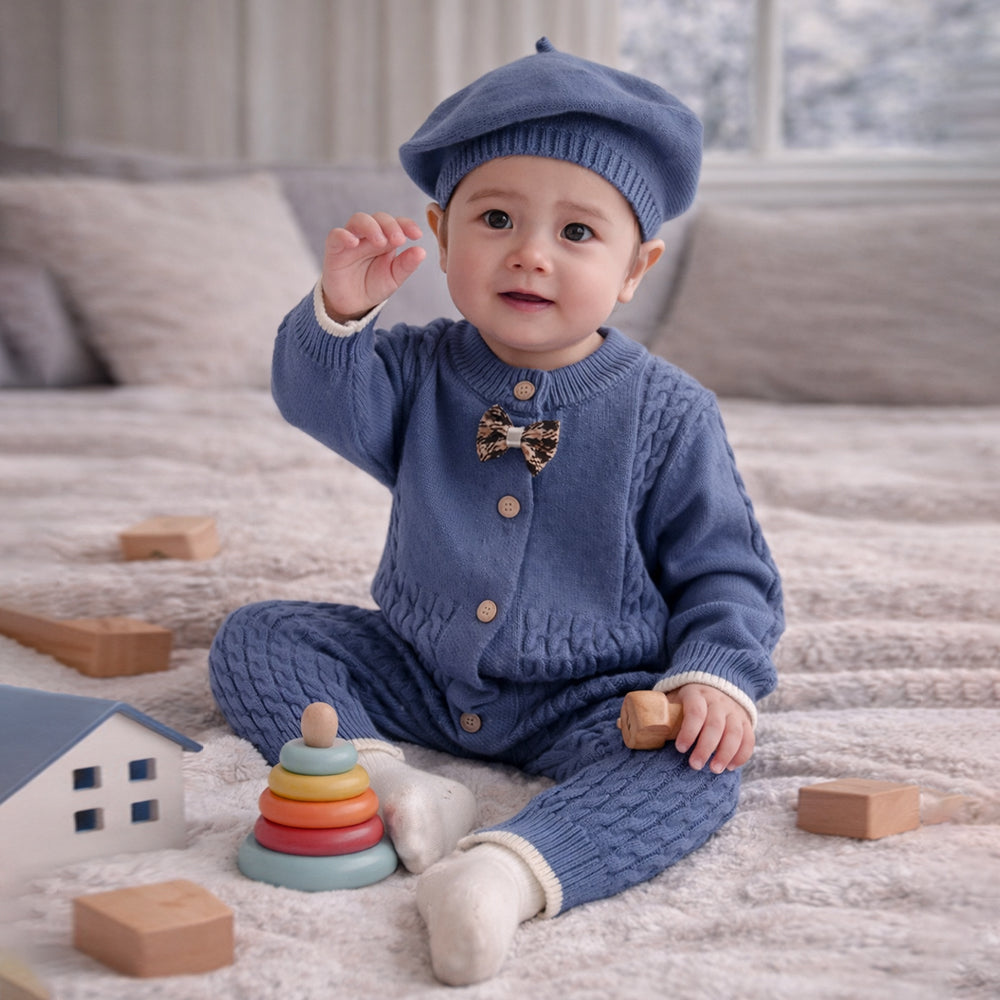Blue Bow Knitted Full-Sleeve Jumpsuit Romper with Cap