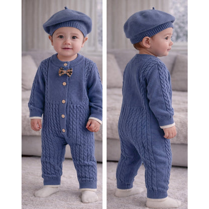Blue Bow Knitted Full-Sleeve Jumpsuit Romper with Cap