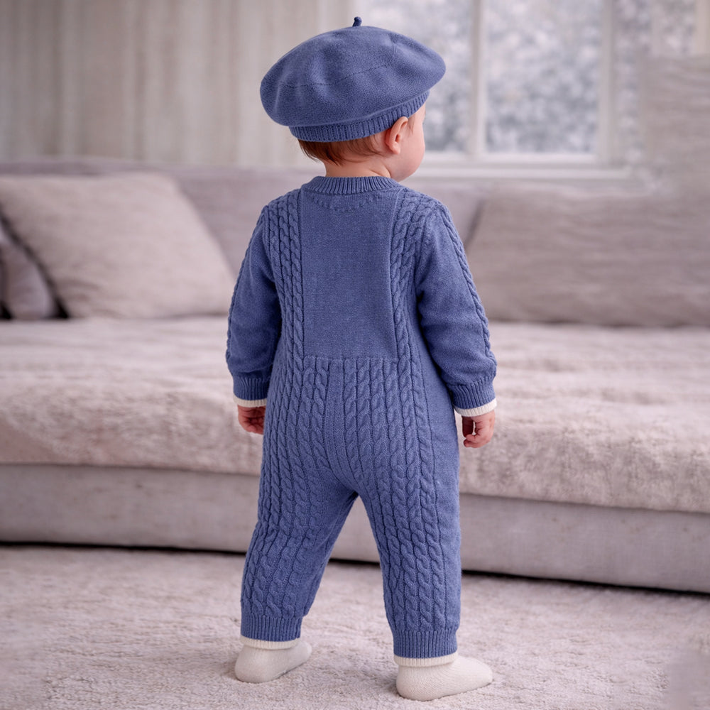 Blue Bow Knitted Full-Sleeve Jumpsuit Romper with Cap