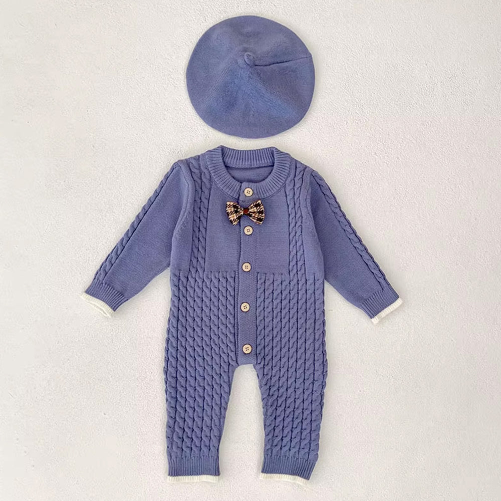 Blue Bow Knitted Full-Sleeve Jumpsuit Romper with Cap
