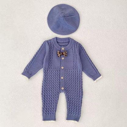 Blue Bow Knitted Full-Sleeve Jumpsuit Romper with Cap