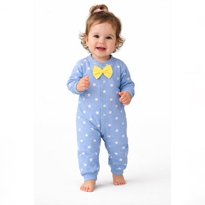 Blue Star Print with Yellow Bow Winter Full-Sleeve Jumpsuit Romper