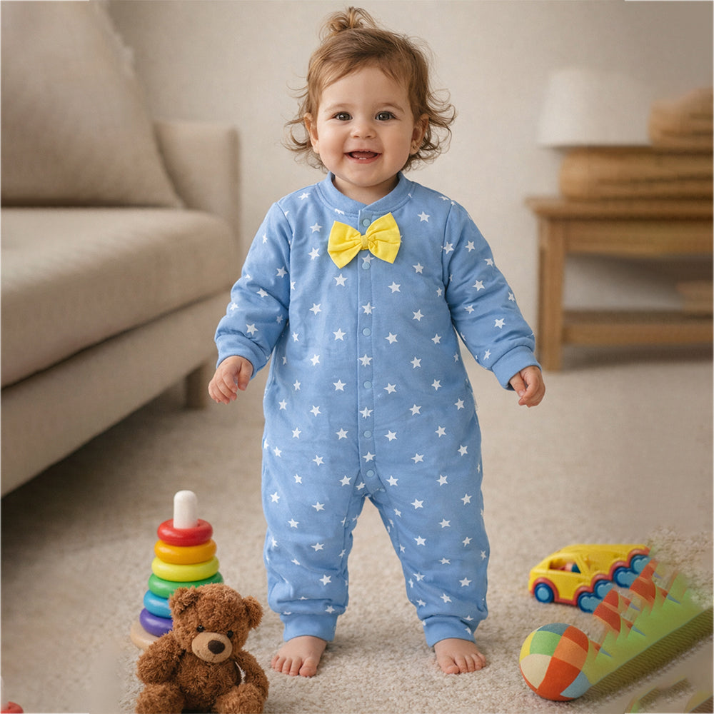 Blue Star Print with Yellow Bow Winter Full-Sleeve Jumpsuit Romper