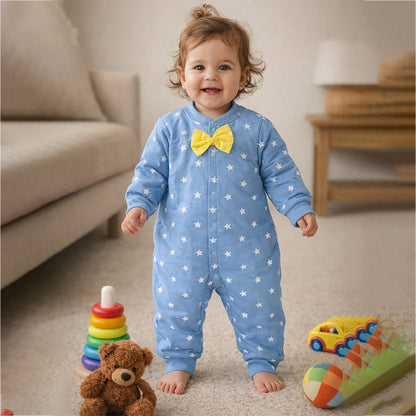 Blue Star Print with Yellow Bow Winter Full-Sleeve Jumpsuit Romper