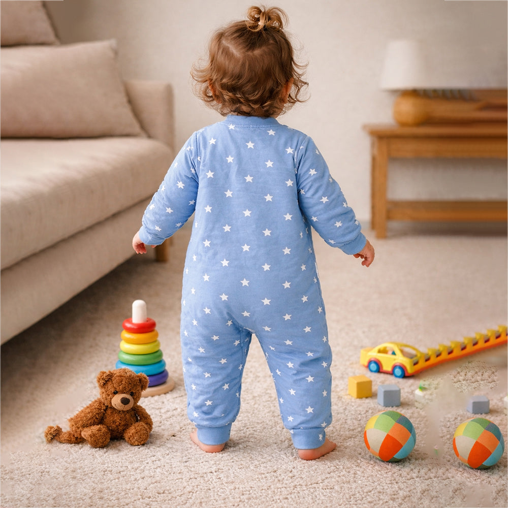 Blue Star Print with Yellow Bow Winter Full-Sleeve Jumpsuit Romper