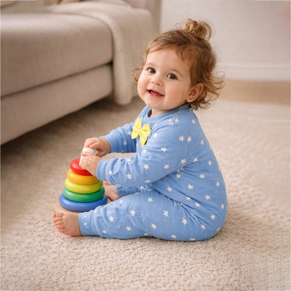 Blue Star Print with Yellow Bow Winter Full-Sleeve Jumpsuit Romper