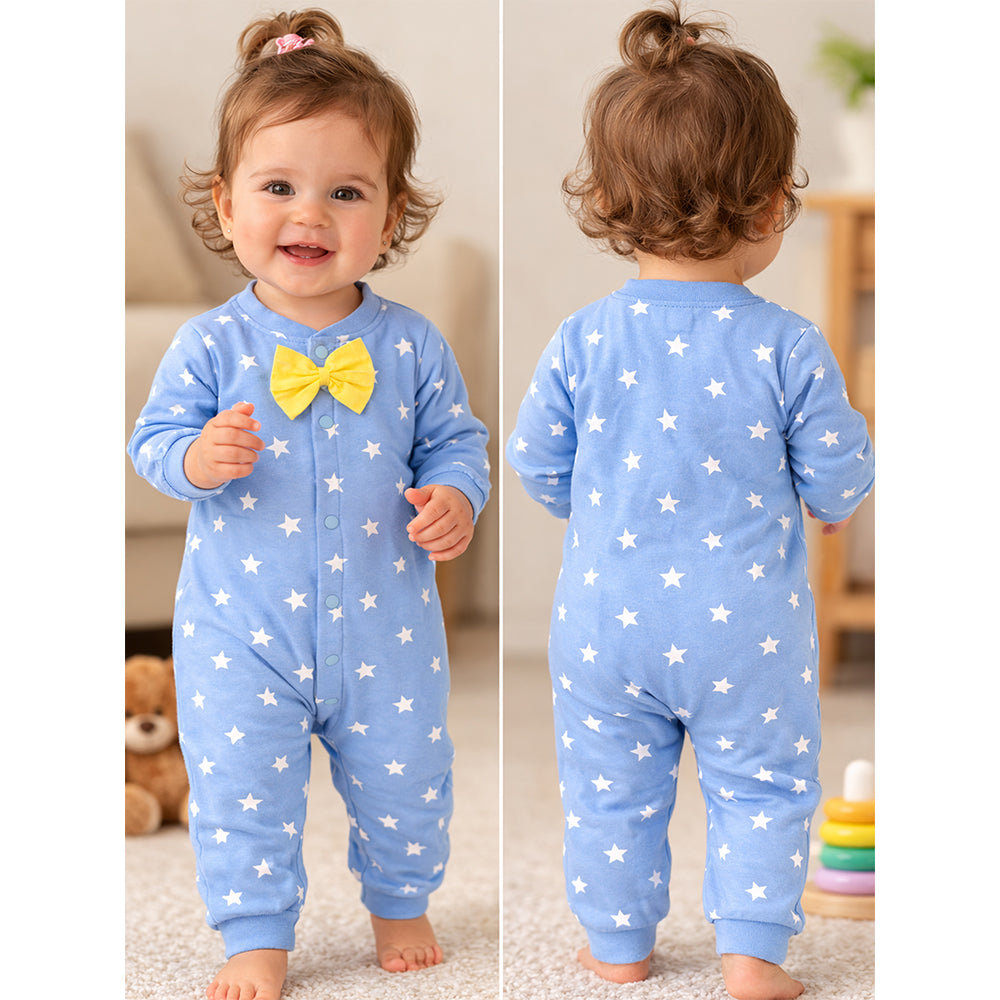 Blue Star Print with Yellow Bow Winter Full-Sleeve Jumpsuit Romper