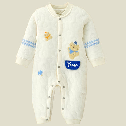 Quilted Cream & Blue Winter Full-Sleeve Romper