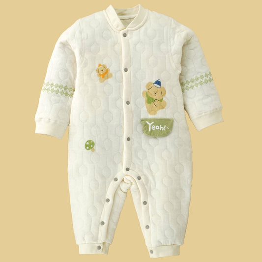 Quilted Cream & Green Winter Full-Sleeve Romper