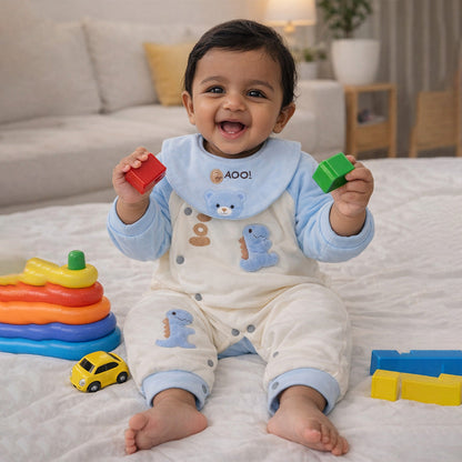 Blue Dino and Cream Winter Romper with Matching Bib