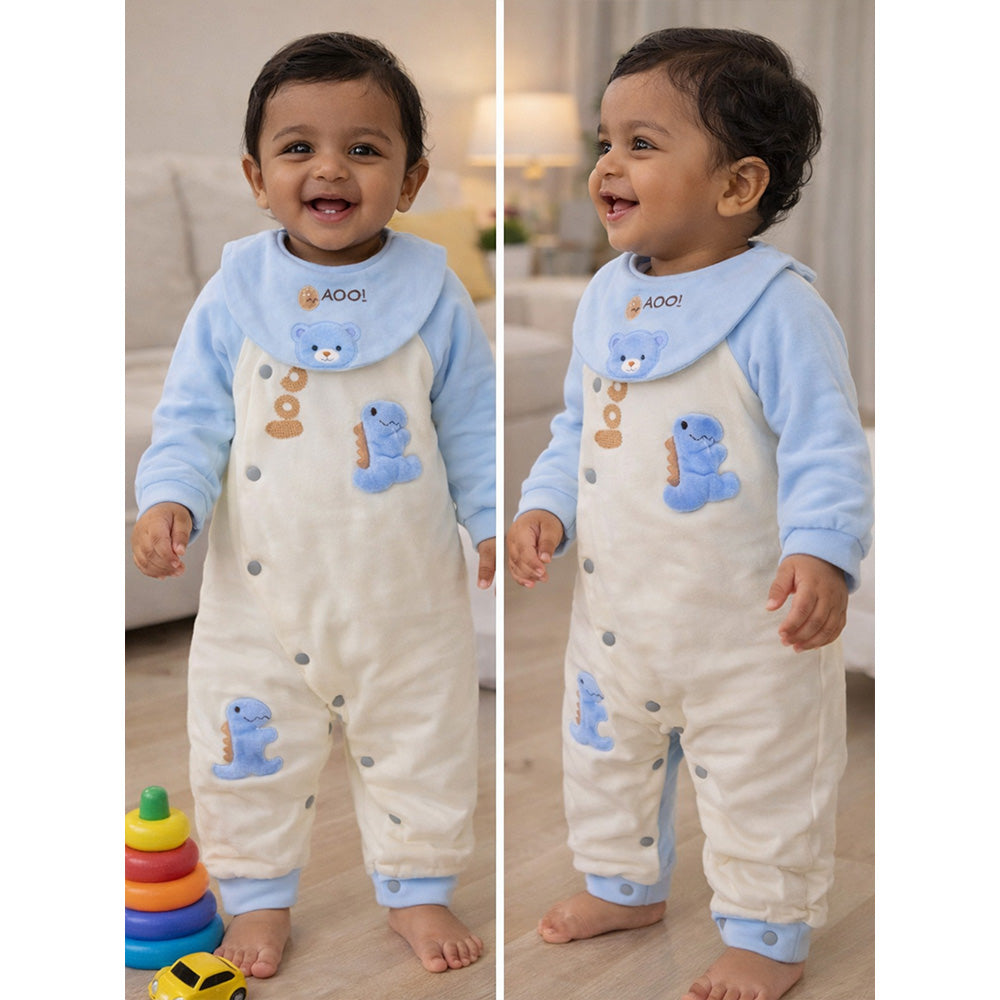 Blue Dino and Cream Winter Romper with Matching Bib