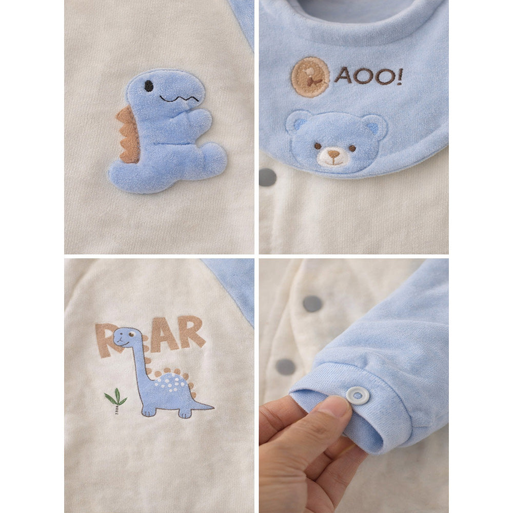 Blue Dino and Cream Winter Romper with Matching Bib