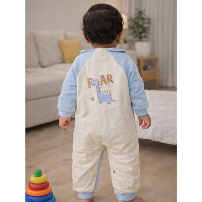 Blue Dino and Cream Winter Romper with Matching Bib