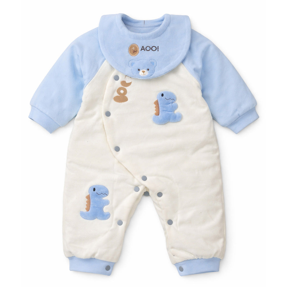 Blue Dino and Cream Winter Romper with Matching Bib