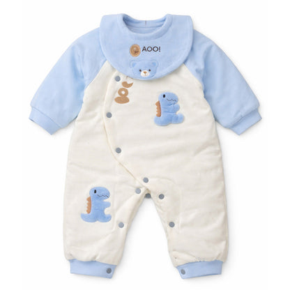 Blue Dino and Cream Winter Romper with Matching Bib