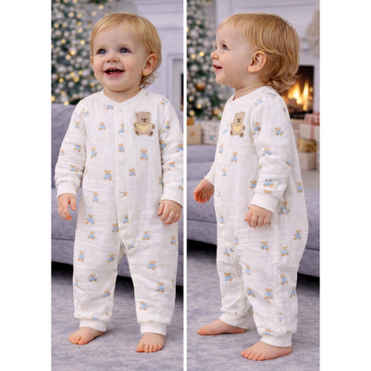 Cream Teddy All-Over Print, Full-Sleeve Jumpsuit Romper