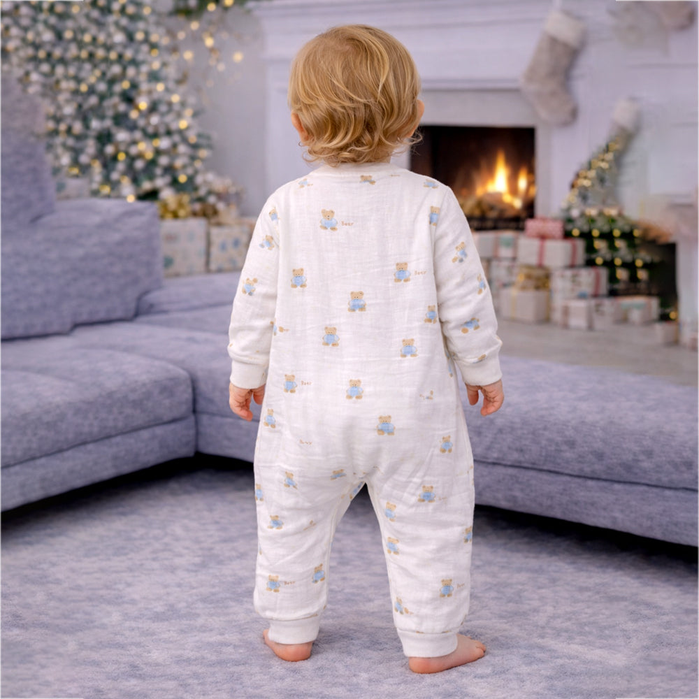Cream Teddy All-Over Print, Full-Sleeve Jumpsuit Romper