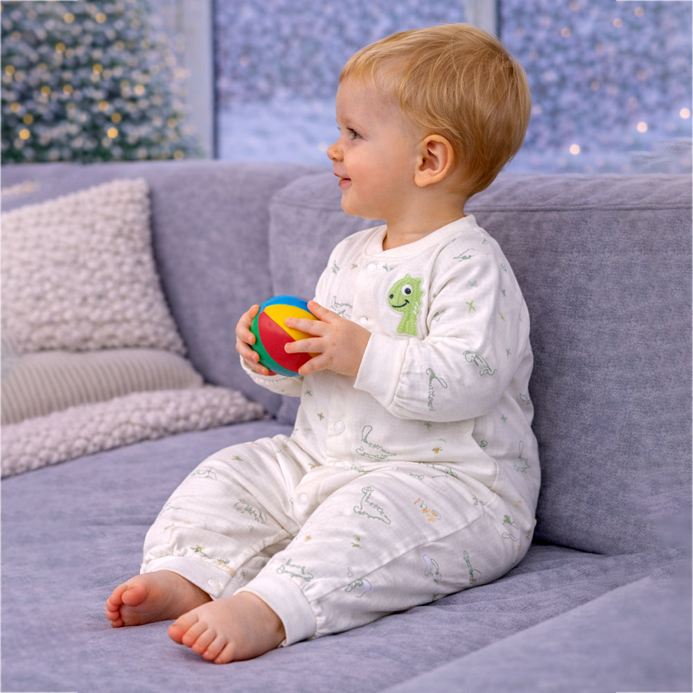 Green Smiley Dino Full-Sleeve Jumpsuit Romper