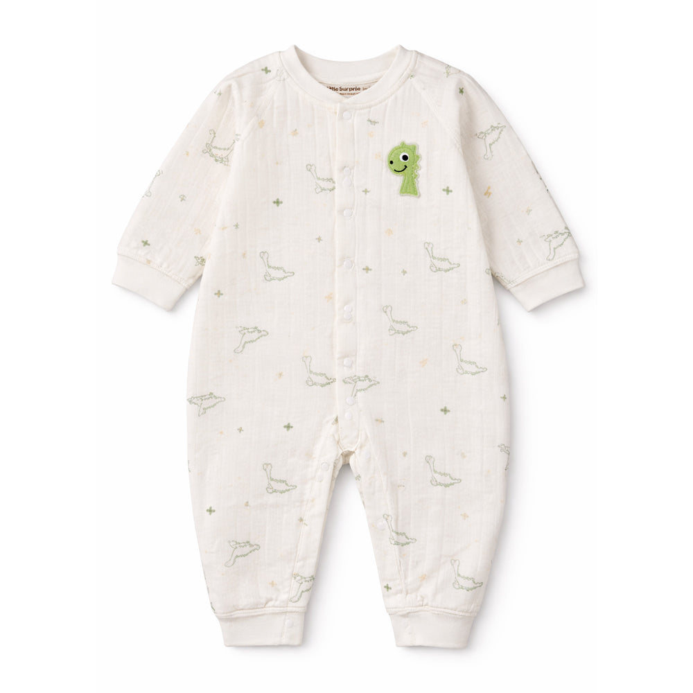 Green Smiley Dino Full-Sleeve Jumpsuit Romper