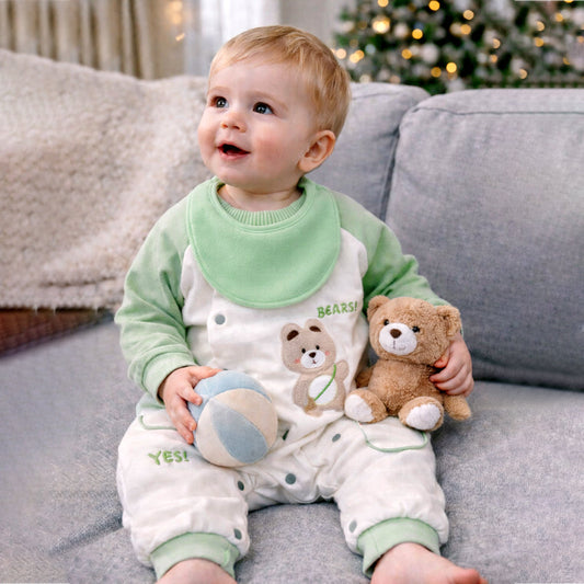 Mint Bear and Cream Winter Romper with Matching Bib