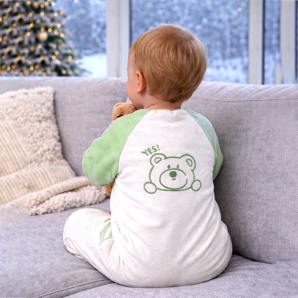 Mint Bear and Cream Winter Romper with Matching Bib