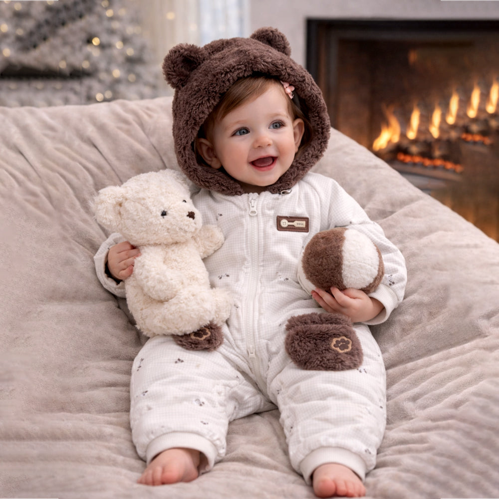 Brown Paw Pocket Furry Winter Full-Sleeve Jumpsuit Romper