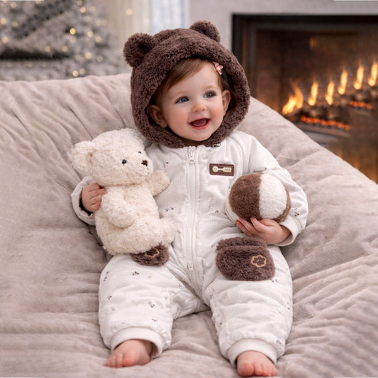 Brown Paw Pocket Furry Winter Full-Sleeve Jumpsuit Romper
