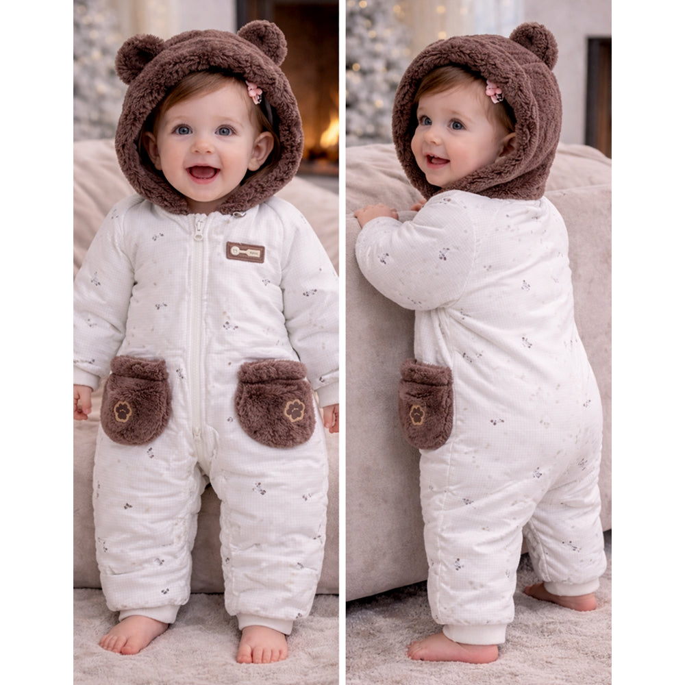 Brown Paw Pocket Furry Winter Full-Sleeve Jumpsuit Romper