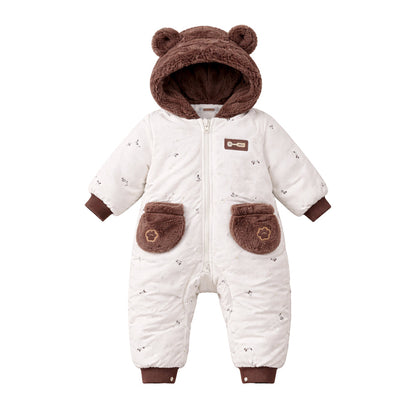 Brown Paw Pocket Furry Winter Full-Sleeve Jumpsuit Romper