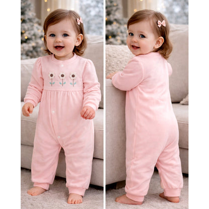 Peach 3-Flower Winter Full-Sleeve Jumpsuit Romper