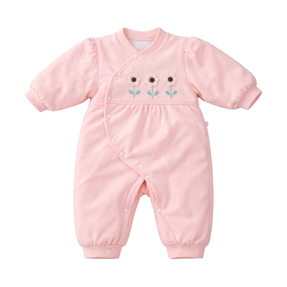 Peach 3-Flower Winter Full-Sleeve Jumpsuit Romper