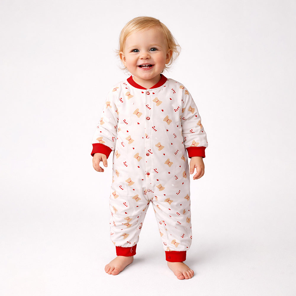 Red Candy Cane and Bear, Full-Sleeve Jumpsuit Romper