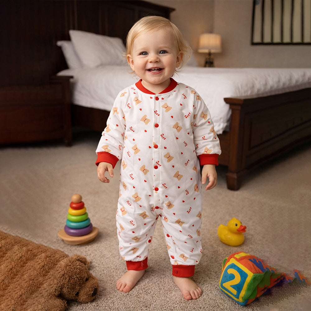 Red Candy Cane and Bear, Full-Sleeve Jumpsuit Romper