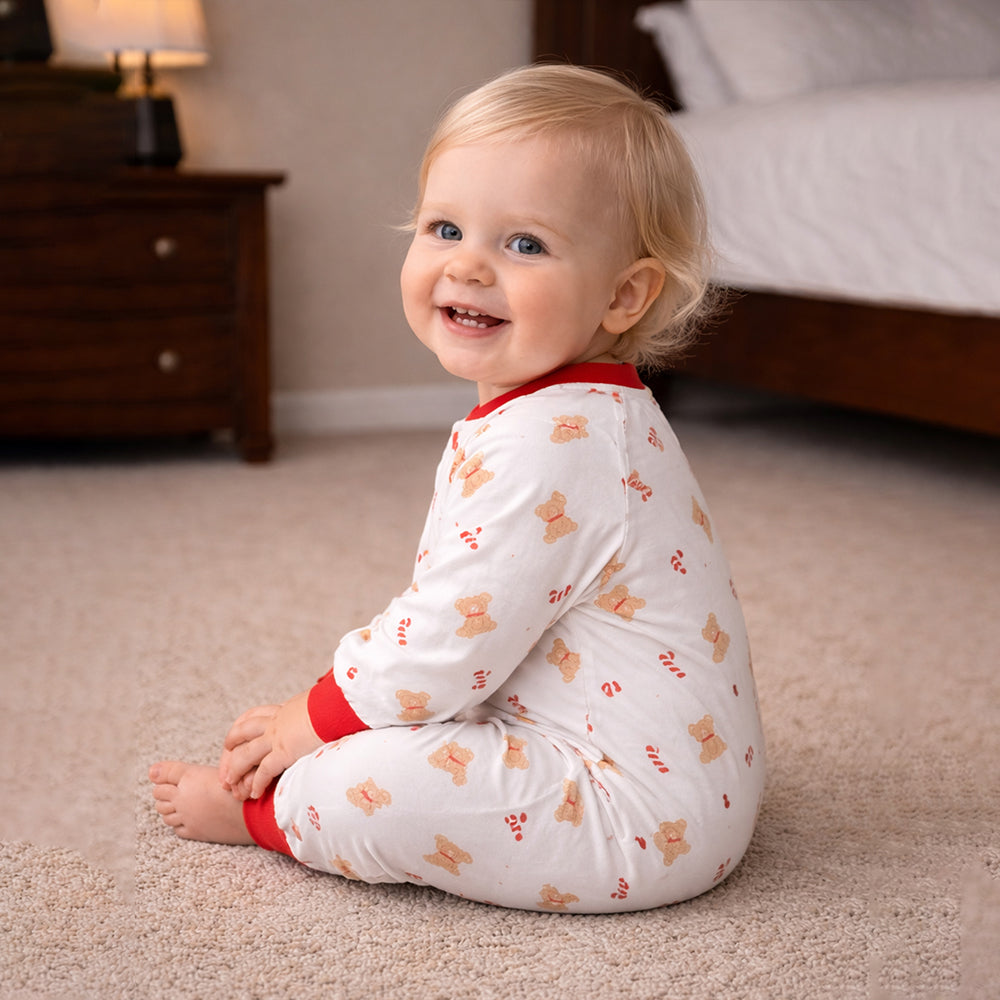 Red Candy Cane and Bear, Full-Sleeve Jumpsuit Romper