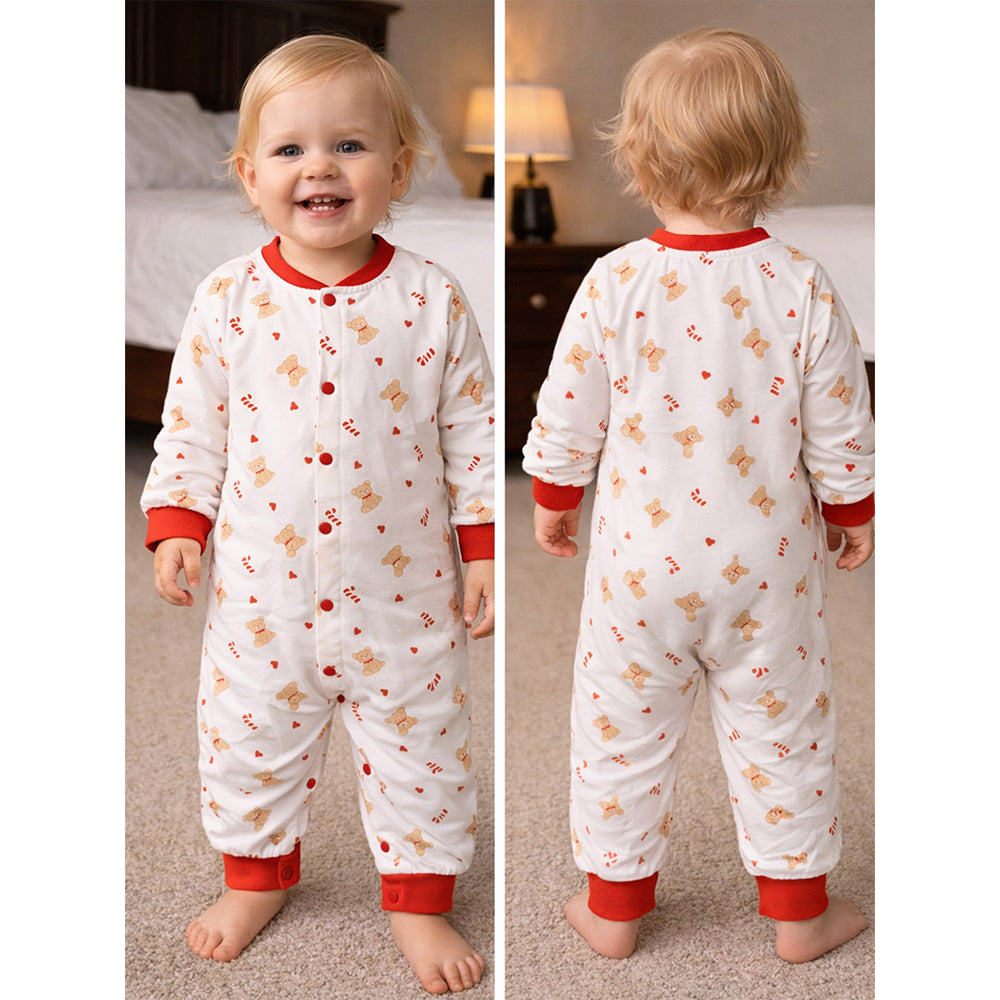 Red Candy Cane and Bear, Full-Sleeve Jumpsuit Romper