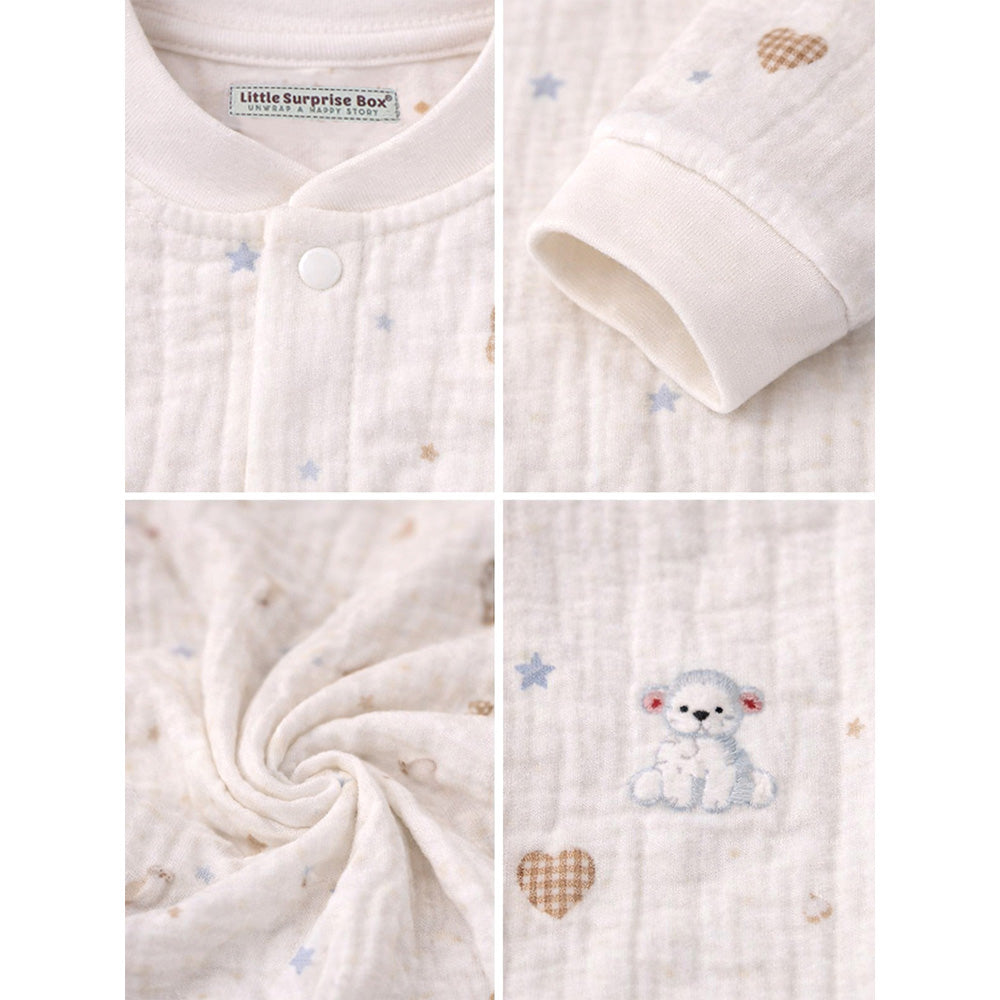 Cream Teddy Heart and Moon, Full-Sleeve Jumpsuit Romper