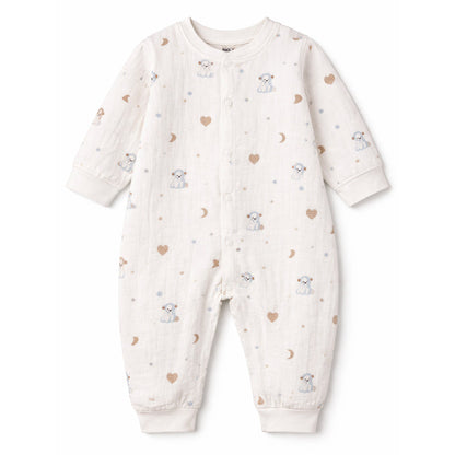 Cream Teddy Heart and Moon, Full-Sleeve Jumpsuit Romper