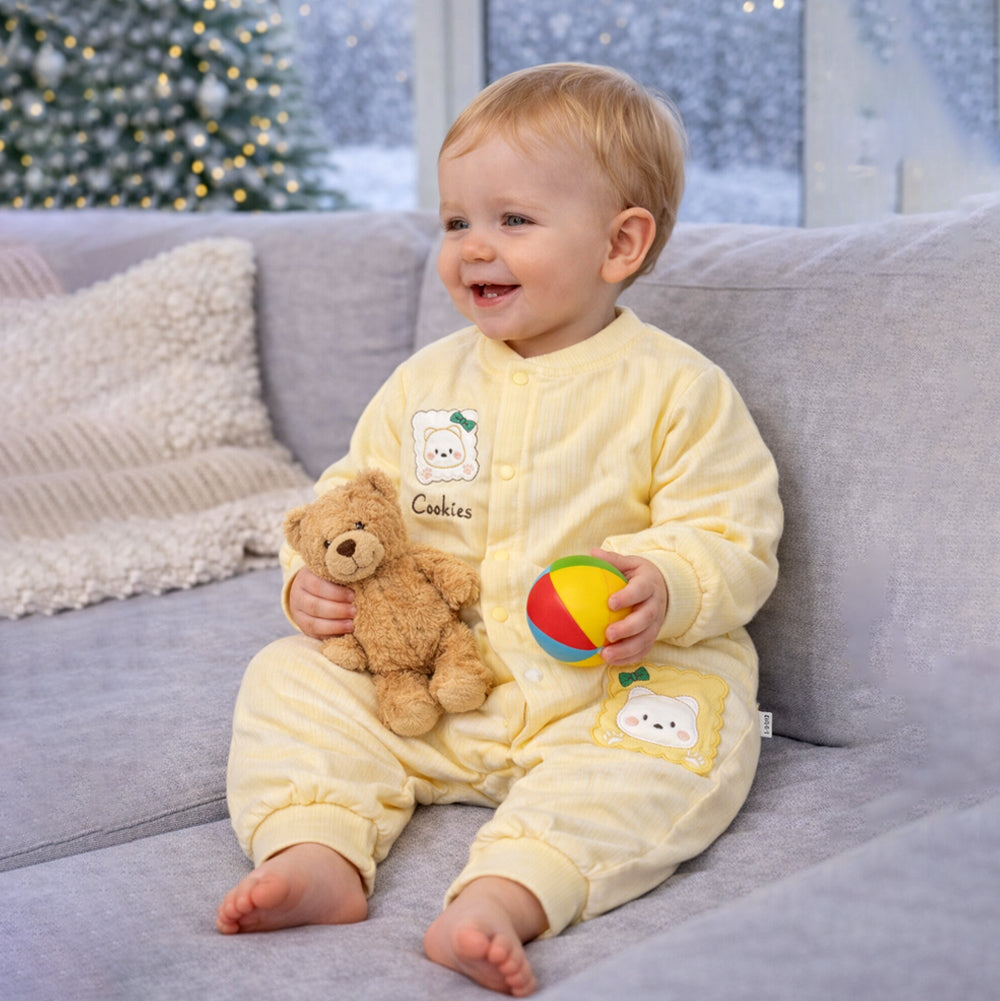 Yellow Cookie Patch Winter Full-Sleeve Jumpsuit Romper