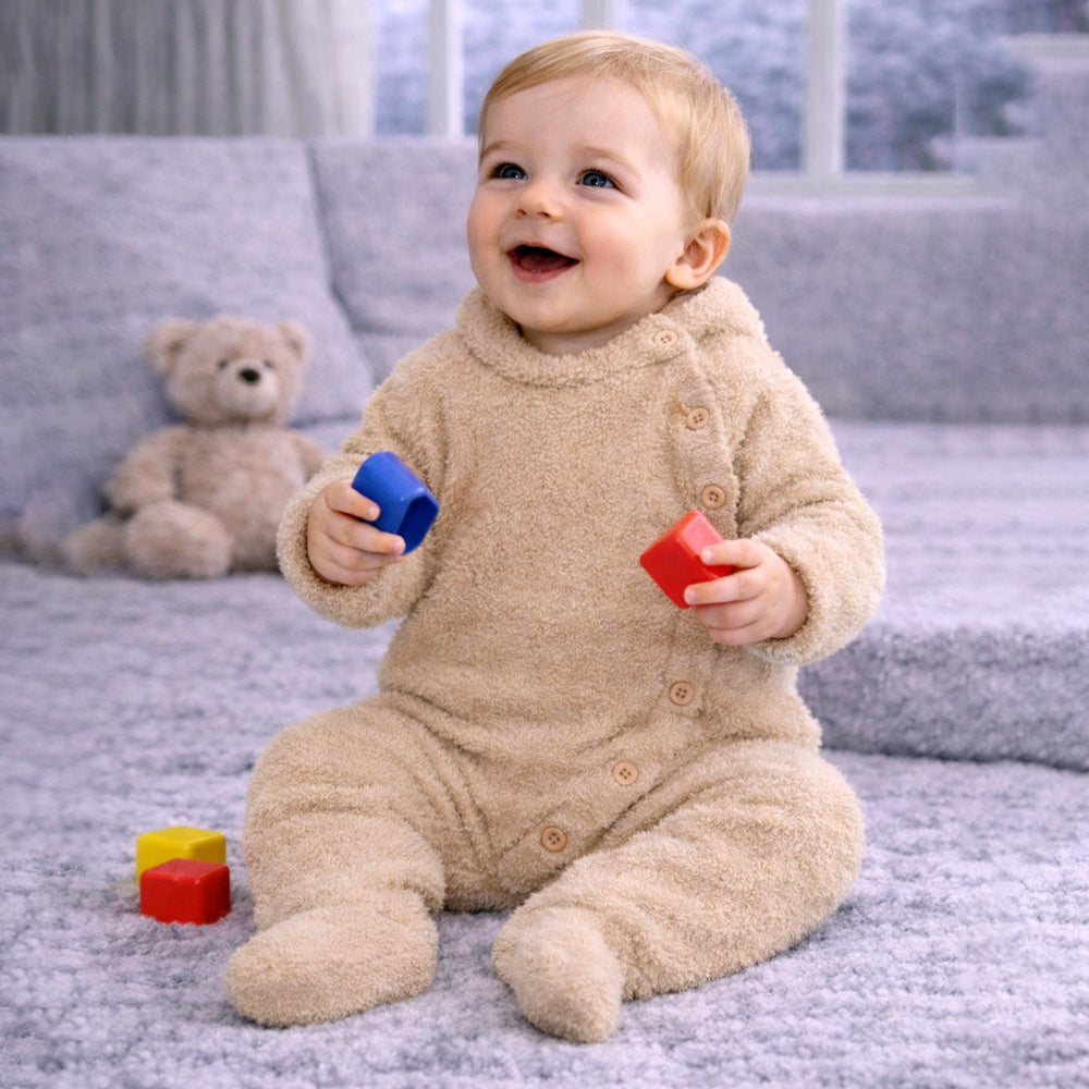 Beige Furry Full-Sleeve Jumpsuit Winter Romper