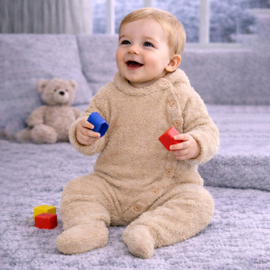 Beige Furry Full-Sleeve Jumpsuit Winter Romper