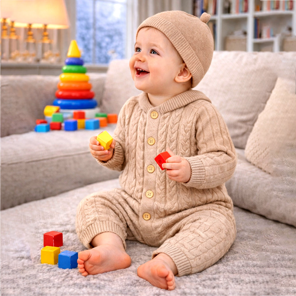 Beige Pattern knitted Full-Sleeve Jumpsuit Romper with Cap