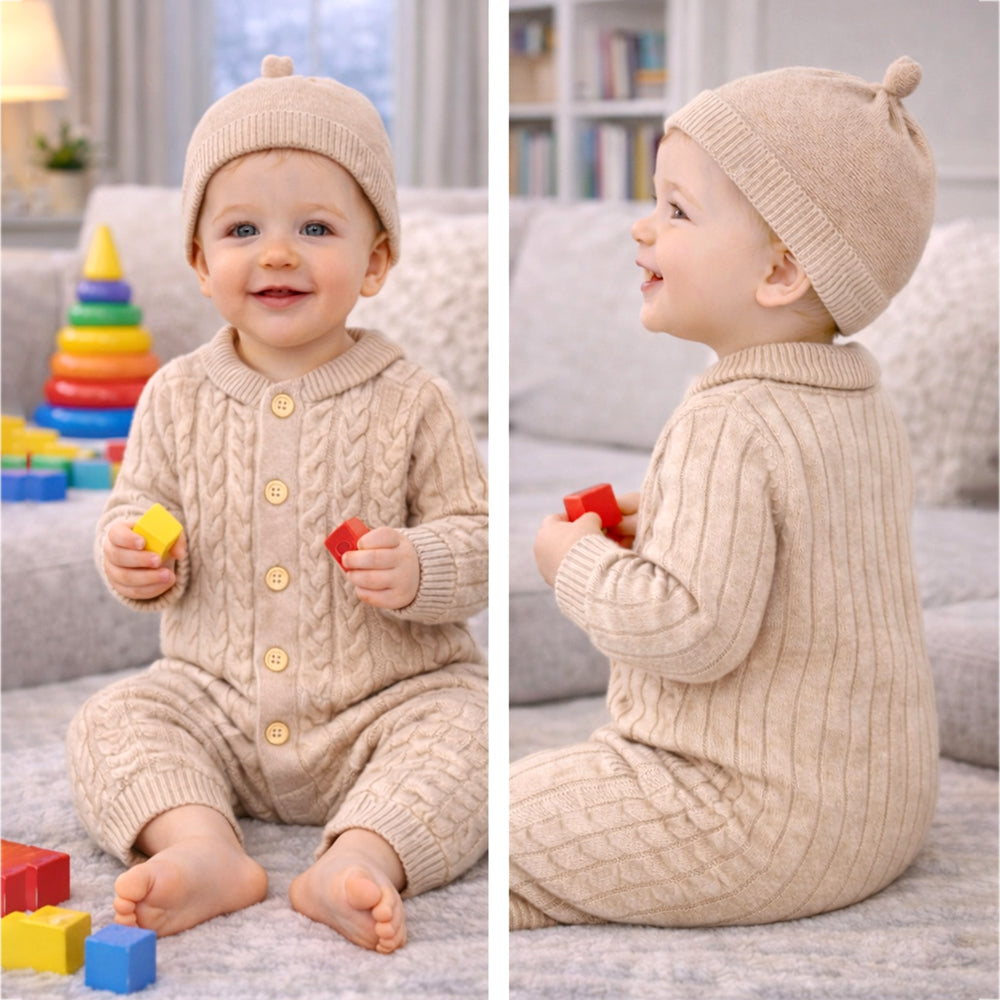 Beige Pattern knitted Full-Sleeve Jumpsuit Romper with Cap